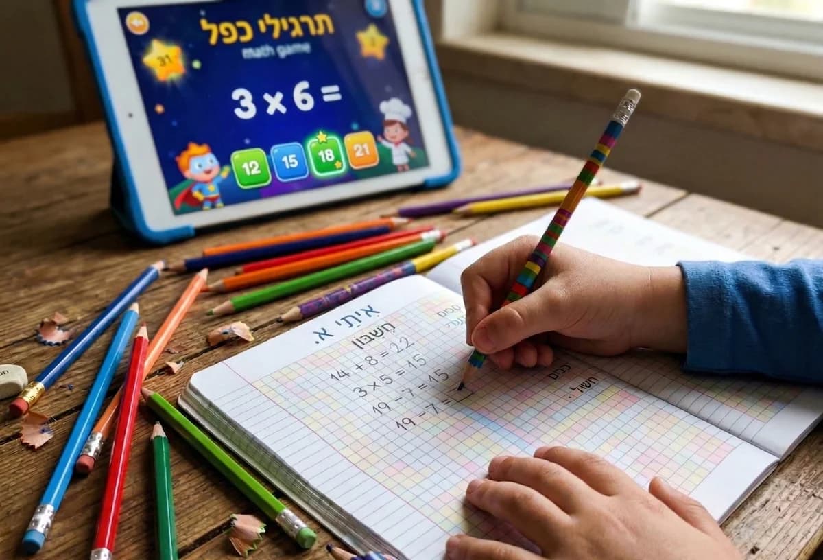 ילד מתרגל מתמטיקה עם טאבלט ומחברת